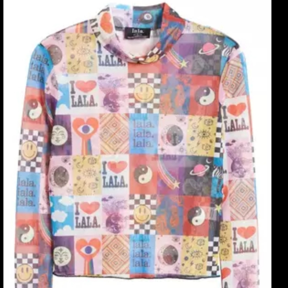 Dressed in lala mockneck mesh top in Patchwork design size L like new